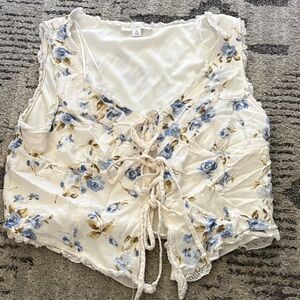 Floral Lace-Up Blouse with Blue and Cream Design
